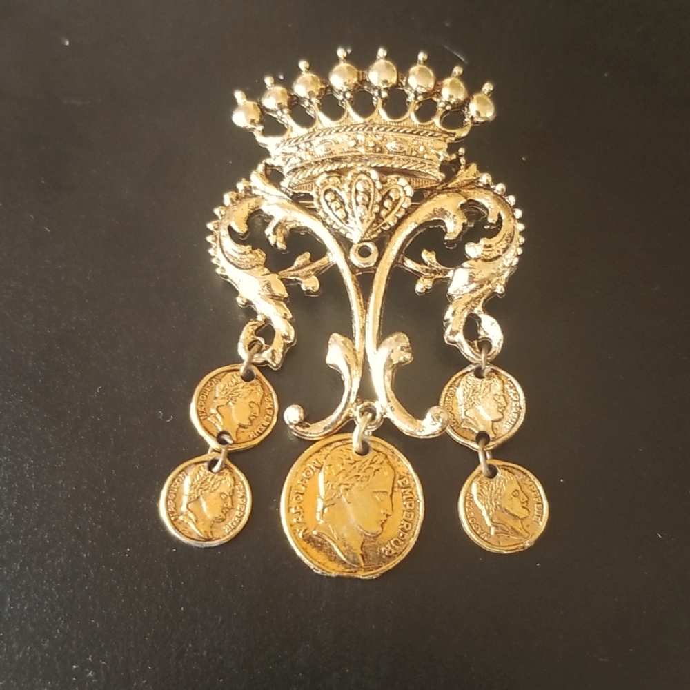Etruscan Crown Brooch Art Co With Dangles of Roman Coins